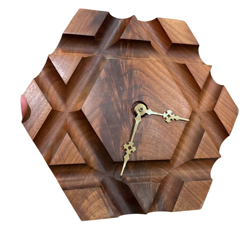 Vintage Handmade Black Walnut Carved Wall Clock Star of David? Hexagon HEAVY